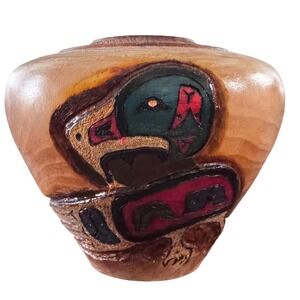 Hand Carved Duck Wood Vase Pacific Northwest Native American Art Signed Campbell